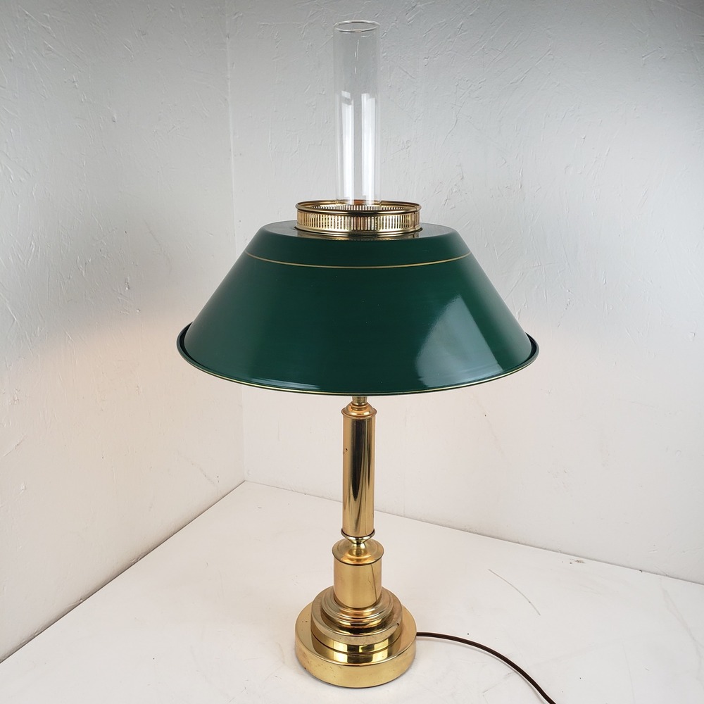 Vintage Brass Student Desk Lamp Hunter Green Metal Tolle Shade Hurricane Chimney